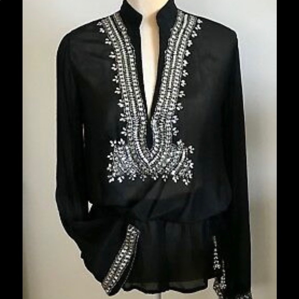 Monique Leshman Black Sheer Rhinestone Crystal Embellished Peplum top
